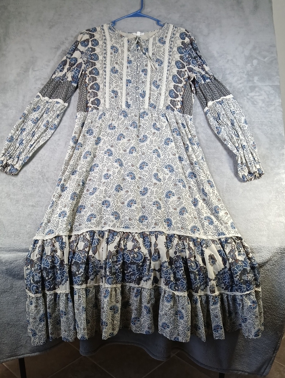 Boho Blue Floral Long-Sleeve Tiered Maxi Dress